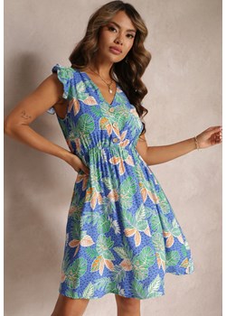 Niebieska Wiskozowa Sukienka Mini z Gumką w Pasie i Ozdobnymi Guzikami Trypha ze sklepu Renee odzież w kategorii Sukienki - zdjęcie 160212652