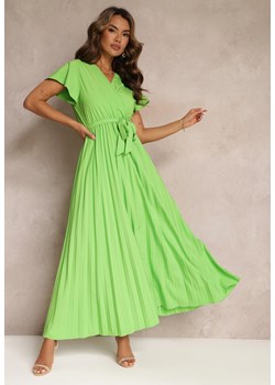 Zielona Koktajlowa Maxi Sukienka Ozdobiona Plisami z Trójkątnym Dekoltem i Wiązaniem w Talii Phoelia ze sklepu Renee odzież w kategorii Sukienki - zdjęcie 160212672