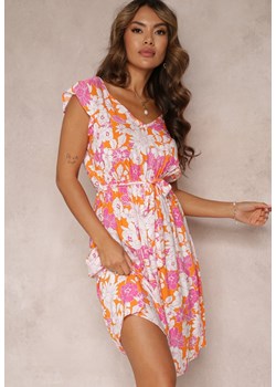 Pomarańczowa Rozkloszowana Sukienka z Wiskozy i Wiązanym Paskiem Anzio ze sklepu Renee odzież w kategorii Sukienki - zdjęcie 160212692