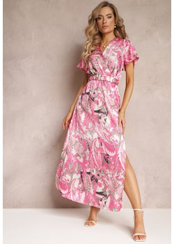 Różowa Rozkloszowana Sukienka Maxi z Gumką w Talii i Materiałowym Paskiem Tivia ze sklepu Renee odzież w kategorii Sukienki - zdjęcie 160219052