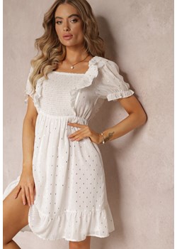 Biała Sukienka Mini z Gumką w Talii i Wiązaniem na Plecach Olitisa ze sklepu Renee odzież w kategorii Sukienki - zdjęcie 160219072