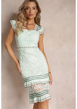 Jasnozielona Taliowana Sukienka Midi z Głębokim Dekoltem z Ażurowej Tkaniny Eleonota ze sklepu Renee odzież w kategorii Sukienki - zdjęcie 160219212