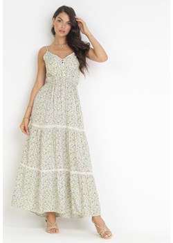 Zielono-Biała Rozkloszowana Sukienka Maxi z Gumką w Talii w Kwiaty Nynena ze sklepu Born2be Odzież w kategorii Sukienki - zdjęcie 160285773