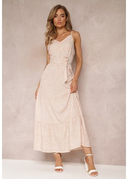 Beżowa Kwiecista Sukienka Maxi na Regulowanych Ramiączkach z Materiałowym Paskiem Phoebilu ze sklepu Renee odzież w kategorii Sukienki - zdjęcie 160285851