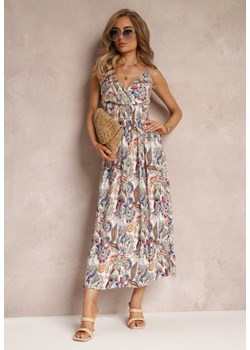 Biało-Brązowa Wiskozowa Sukienka Maxi z Głębokim Dekoltem i Gumką w Talii Gallandria ze sklepu Renee odzież w kategorii Sukienki - zdjęcie 160285861