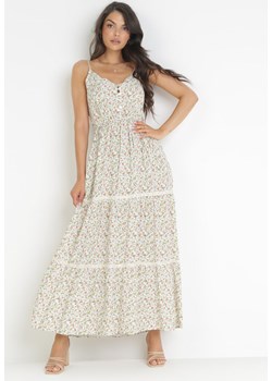 Biała Rozkloszowana Sukienka Maxi z Gumką w Talii w Kwiaty Nynena ze sklepu Born2be Odzież w kategorii Sukienki - zdjęcie 160288301