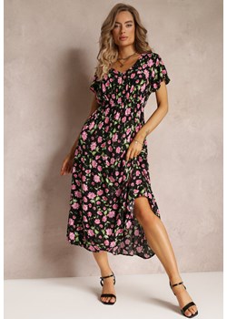 Czarna Wiskozowa Sukienka o Rozkloszowanym Fasonie z Printem w Kwiaty Alonelle ze sklepu Renee odzież w kategorii Sukienki - zdjęcie 160288921