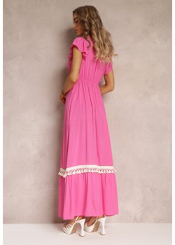 Fuksjowa Wiskozowa Maxi Sukienka z Frędzlami i Wiązaniem przy Dekolcie Rosania ze sklepu Renee odzież w kategorii Sukienki - zdjęcie 160288923