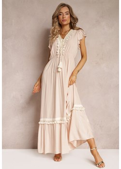 Beżowa Wiskozowa Maxi Sukienka z Frędzlami i Wiązaniem przy Dekolcie Rosania ze sklepu Renee odzież w kategorii Sukienki - zdjęcie 160288931