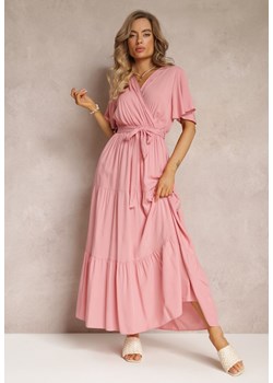 Różowa Rozkloszowana Sukienka z Falbanką i Wiązanym Paskiem Adotine ze sklepu Renee odzież w kategorii Sukienki - zdjęcie 160308911