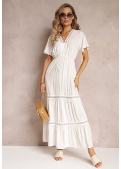 Biała Rozkloszowana Sukienka Maxi z Gumką w Talii i Koronkowym Dekoltem Cheteia ze sklepu Renee odzież w kategorii Sukienki - zdjęcie 160308921
