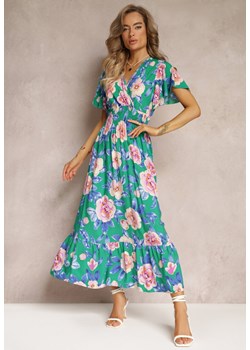 Zielona Rozkloszowana Sukienka Maxi z Gumkami w Talii i Falbankami Tayte ze sklepu Renee odzież w kategorii Sukienki - zdjęcie 160308923