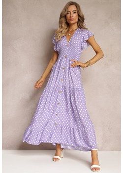 Fioletowa Rozkloszowana Sukienka Maxi w Kropki z Gumką w Talii Janey ze sklepu Renee odzież w kategorii Sukienki - zdjęcie 160308943