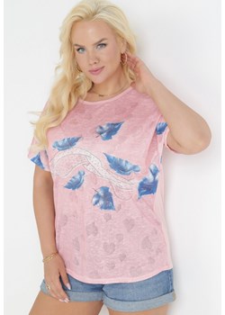 Różowa Bluzka z Cyrkoniami i Wzorem w Liście Myle ze sklepu Born2be Odzież w kategorii Bluzki damskie - zdjęcie 160312073