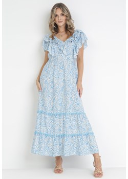 Niebieska Rozkloszowana Sukienka Maxi z Ozdobnym Dekoltem i Gumką w Talii z Wiskozy Adyni ze sklepu Born2be Odzież w kategorii Sukienki - zdjęcie 160315124