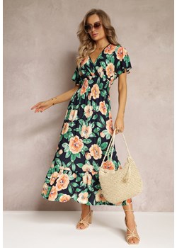 Granatowa Rozkloszowana Sukienka Maxi z Gumkami w Talii i Falbankami Tayte ze sklepu Renee odzież w kategorii Sukienki - zdjęcie 160315212