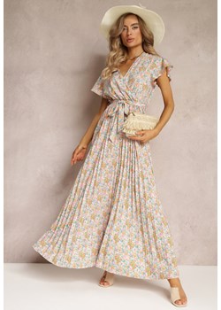 Jasnożółta Plisowana Sukienka Maxi w Kwiatki z Gumką w Talii Ikama ze sklepu Renee odzież w kategorii Sukienki - zdjęcie 160315323