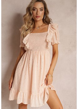 Beżowa Sukienka Mini z Gumką w Talii i Wiązaniem na Plecach Olitisa ze sklepu Renee odzież w kategorii Sukienki - zdjęcie 160315433