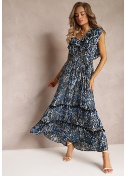 Granatowo-Czarna Wiskozowa Sukienka Maxi z Pomponami i Gumką w Talii Belmona ze sklepu Renee odzież w kategorii Sukienki - zdjęcie 160315473