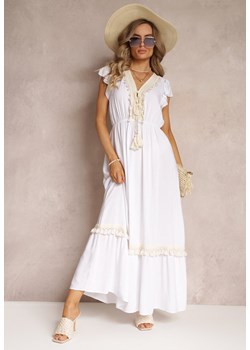 Biała Wiskozowa Maxi Sukienka z Frędzlami i Wiązaniem przy Dekolcie Rosania ze sklepu Renee odzież w kategorii Sukienki - zdjęcie 160315563