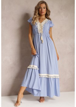 Niebieska Wiskozowa Maxi Sukienka z Frędzlami i Wiązaniem przy Dekolcie Rosania ze sklepu Renee odzież w kategorii Sukienki - zdjęcie 160315573