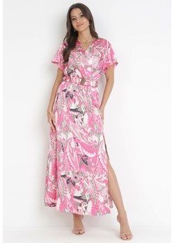 Różowa Satynowa Sukienka Maxi z Kopertowym Dekoltem i Gumką w Pasie Posedana ze sklepu Born2be Odzież w kategorii Sukienki - zdjęcie 160410323
