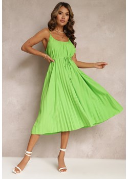 Zielona Letnia Sukienka Ozdobiona Plisowaniem i Wiązaniem w Pasie Aziel ze sklepu Renee odzież w kategorii Sukienki - zdjęcie 160427264