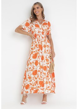 Pomarańczowa Rozkloszowana Sukienka z Wiskozy w Kwiaty Rawnie ze sklepu Born2be Odzież w kategorii Sukienki - zdjęcie 160488210