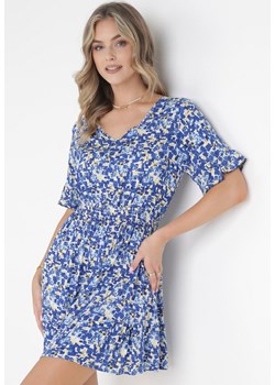 Niebieska Wiskozowa Rozkloszowana Sukienka z Falbankami i Gumką w Talii Sayu ze sklepu Born2be Odzież w kategorii Sukienki - zdjęcie 160802533