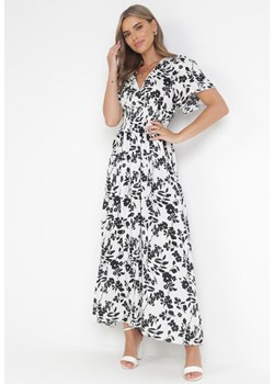 Biało-Czarna Wiskozowa Sukienka Maxi z Gumkami w Talii i Kopertowym Dekoltem Olemenia ze sklepu Born2be Odzież w kategorii Sukienki - zdjęcie 160802553