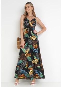 Czarna Sukienka Maxi w Roślinny Wzór z Gumką w Pasie Karsina ze sklepu Born2be Odzież w kategorii Sukienki - zdjęcie 160811882
