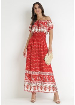 Czerwona Bawełniana Sukienka Maxi z Hiszpańskim Dekoltem i Gumką w Talii Jatza ze sklepu Born2be Odzież w kategorii Sukienki - zdjęcie 160822942