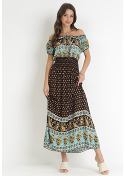 Czarno-Niebieska Bawełniana Sukienka Maxi z Hiszpańskim Dekoltem i Gumką w Talii Jatza ze sklepu Born2be Odzież w kategorii Sukienki - zdjęcie 160822952