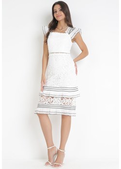 Biała Ażurowa Sukienka Midi z Falbankami przy Ramionach Adelana ze sklepu Born2be Odzież w kategorii Sukienki - zdjęcie 160823012
