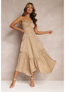 Beżowa Rozkloszowana Sukienka Maxi z Asymetrycznym Dołem Chelsene ze sklepu Renee odzież w kategorii Sukienki - zdjęcie 160823263
