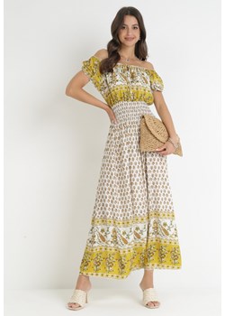 Żółta Bawełniana Sukienka Maxi z Hiszpańskim Dekoltem i Gumką w Talii Jatza ze sklepu Born2be Odzież w kategorii Sukienki - zdjęcie 160825881