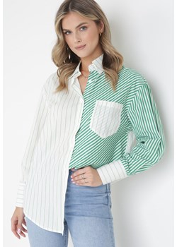 Zielono-Biała Koszula w Paski z Kołnierzem Aeshoma ze sklepu Born2be Odzież w kategorii Koszule damskie - zdjęcie 160830402