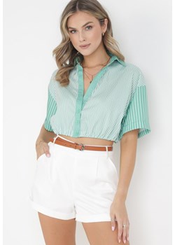 Zielona Krótka Retro Bluzka w Paski na Guziki Shodi ze sklepu Born2be Odzież w kategorii Bluzki damskie - zdjęcie 160830491