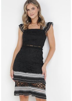 Czarna Ażurowa Sukienka Midi z Falbankami przy Ramionach Adelana ze sklepu Born2be Odzież w kategorii Sukienki - zdjęcie 160830521