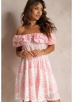 Różowa Haftowana Sukienka Mini z Hiszpańskim Dekoltem i Gumką w Talii Nissi ze sklepu Renee odzież w kategorii Sukienki - zdjęcie 160830920