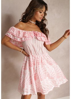 Różowa Haftowana Sukienka Mini z Hiszpańskim Dekoltem i Gumką w Talii Nissi ze sklepu Renee odzież w kategorii Sukienki - zdjęcie 160830922