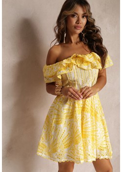 Żółta Haftowana Sukienka Mini z Hiszpańskim Dekoltem i Gumką w Talii Nissi ze sklepu Renee odzież w kategorii Sukienki - zdjęcie 160830930
