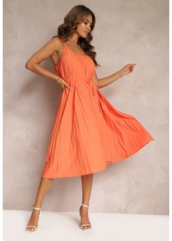 Pomarańczowa Letnia Sukienka Ozdobiona Plisowaniem i Wiązaniem w Pasie Aziel ze sklepu Renee odzież w kategorii Sukienki - zdjęcie 160886960