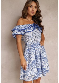 Niebieska Haftowana Sukienka Mini z Hiszpańskim Dekoltem i Gumką w Talii Nissi ze sklepu Renee odzież w kategorii Sukienki - zdjęcie 160887080