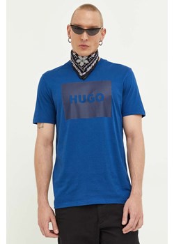 HUGO t-shirt bawełniany kolor niebieski z nadrukiem 50467952 ze sklepu ANSWEAR.com w kategorii T-shirty męskie - zdjęcie 160898812