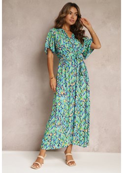Zielona Kopertowa Sukienka Maxi z Metalicznym Nadrukiem i Gumką w Talii Manfre ze sklepu Renee odzież w kategorii Sukienki - zdjęcie 160903904