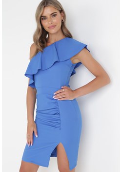 Niebieska Asymetryczna Sukienka Mini z Falbanką i Rozcięciem Joyannwe ze sklepu Born2be Odzież w kategorii Sukienki - zdjęcie 160904090