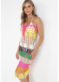 Fuksjowa Dopasowana Sukienka Midi z Ażurowej Tkaniny z Frędzlami Jazla ze sklepu Born2be Odzież w kategorii Sukienki - zdjęcie 160907574