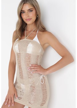 Beżowa Plażowa Sukienka Mini z Wiązaniem na Szyi i Modnymi Prześwitami Avenia ze sklepu Born2be Odzież w kategorii Odzież plażowa - zdjęcie 160907584