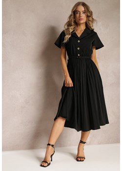 Czarna Retro Sukienka Midi z Plisowaniem i Paskiem na Klamrę Elinerise ze sklepu Renee odzież w kategorii Sukienki - zdjęcie 160923652